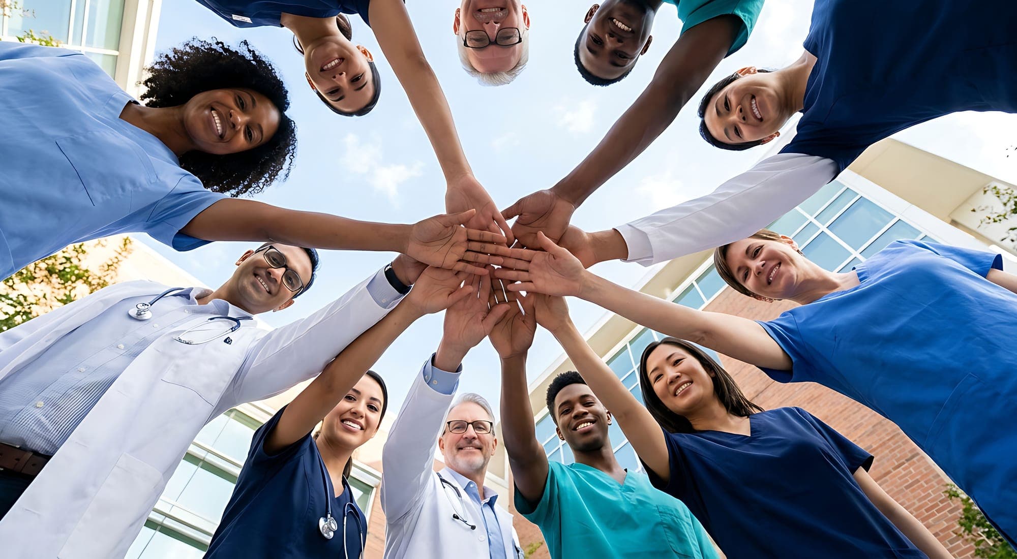 A circle of clinicians in scrubs and white coats joining hands, seen from below against the sky