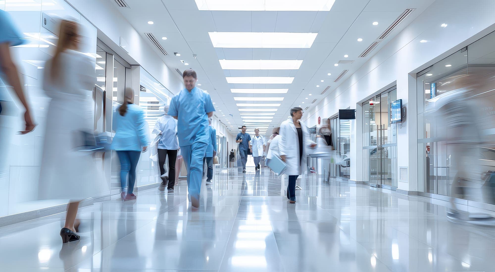A bright hospital concourse with clinical staff and visitors moving through it, blurred in motion