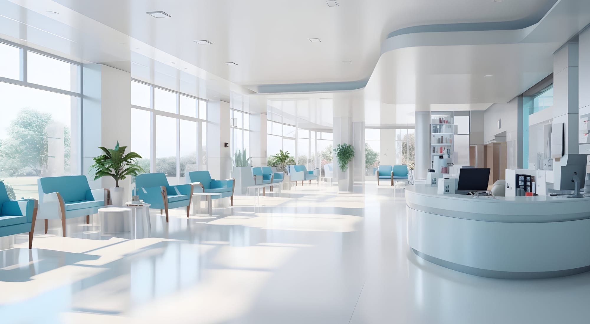 A light-filled clinic reception area with a curved front desk and rows of blue lounge chairs