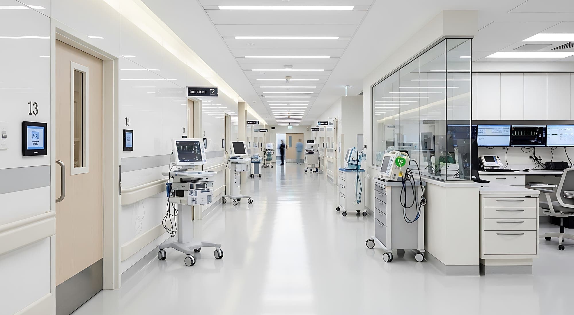 A clinical unit corridor with patient monitors on wheeled stands outside the rooms and a glazed staff station