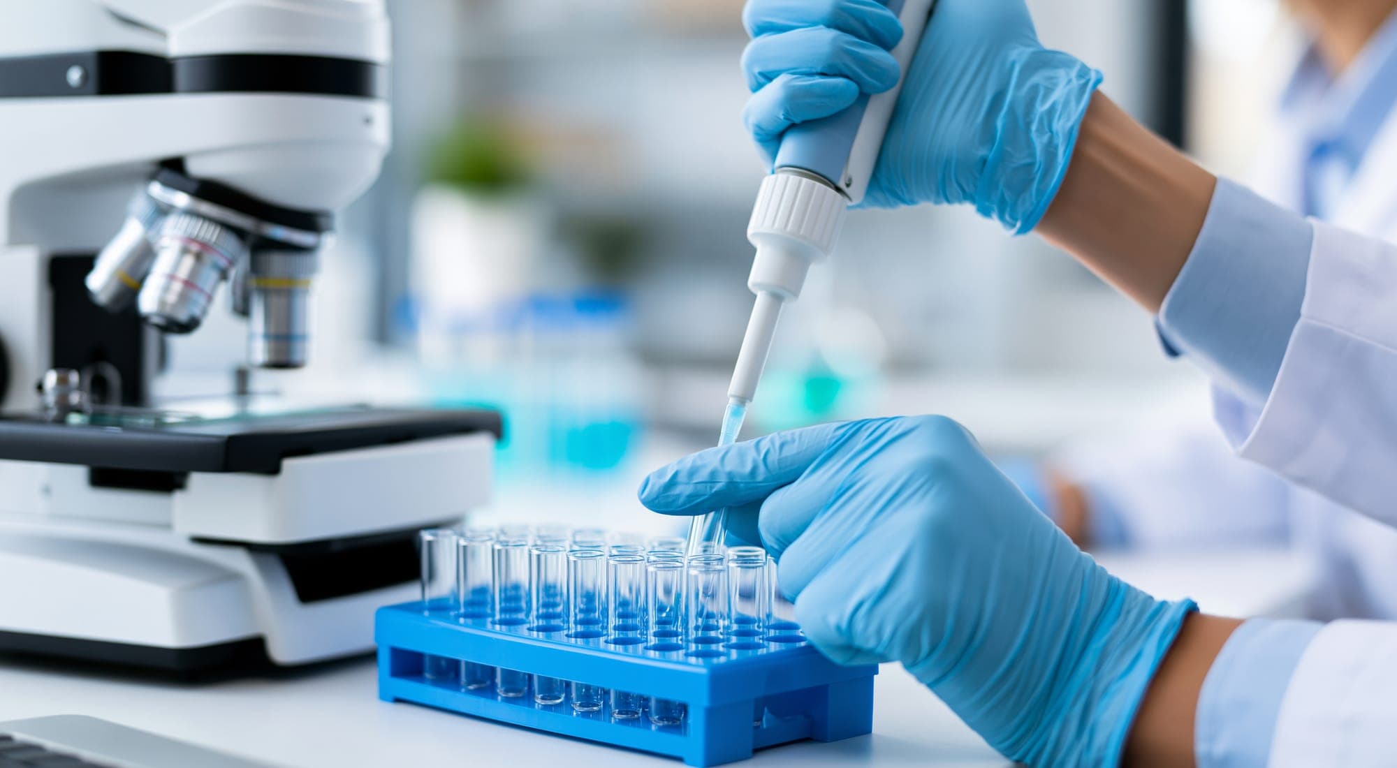 Gloved hands pipetting liquid into a rack of test tubes beside a microscope