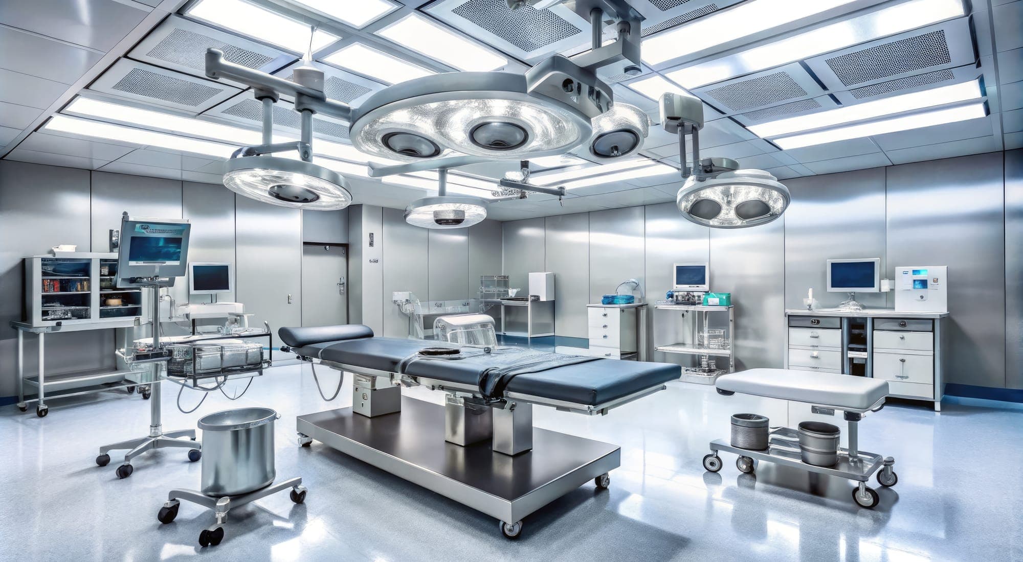 An empty operating room with a stainless-steel table, ceiling-mounted surgical lights and equipment along the walls