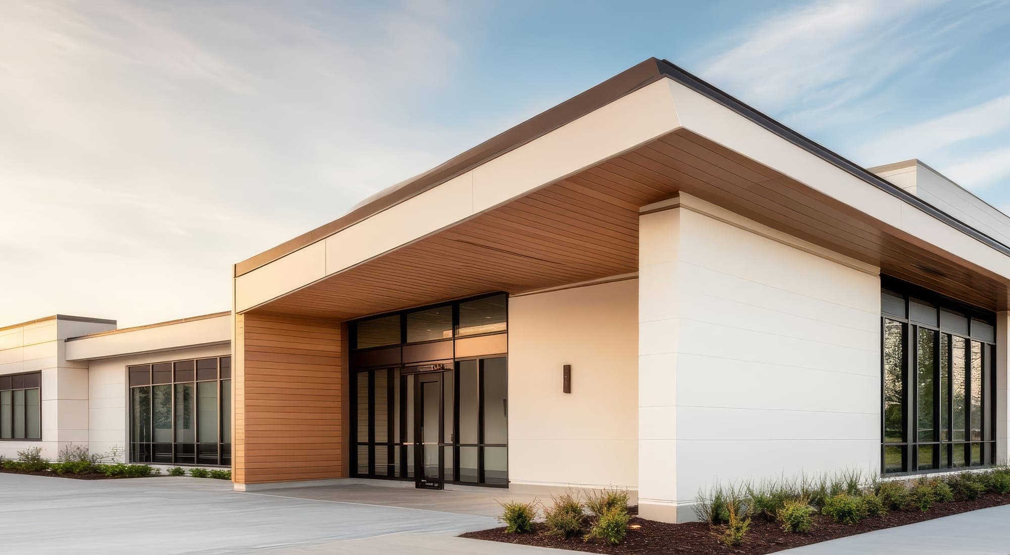 A single-storey clinic building with white panels and a timber-lined entrance canopy at dusk
