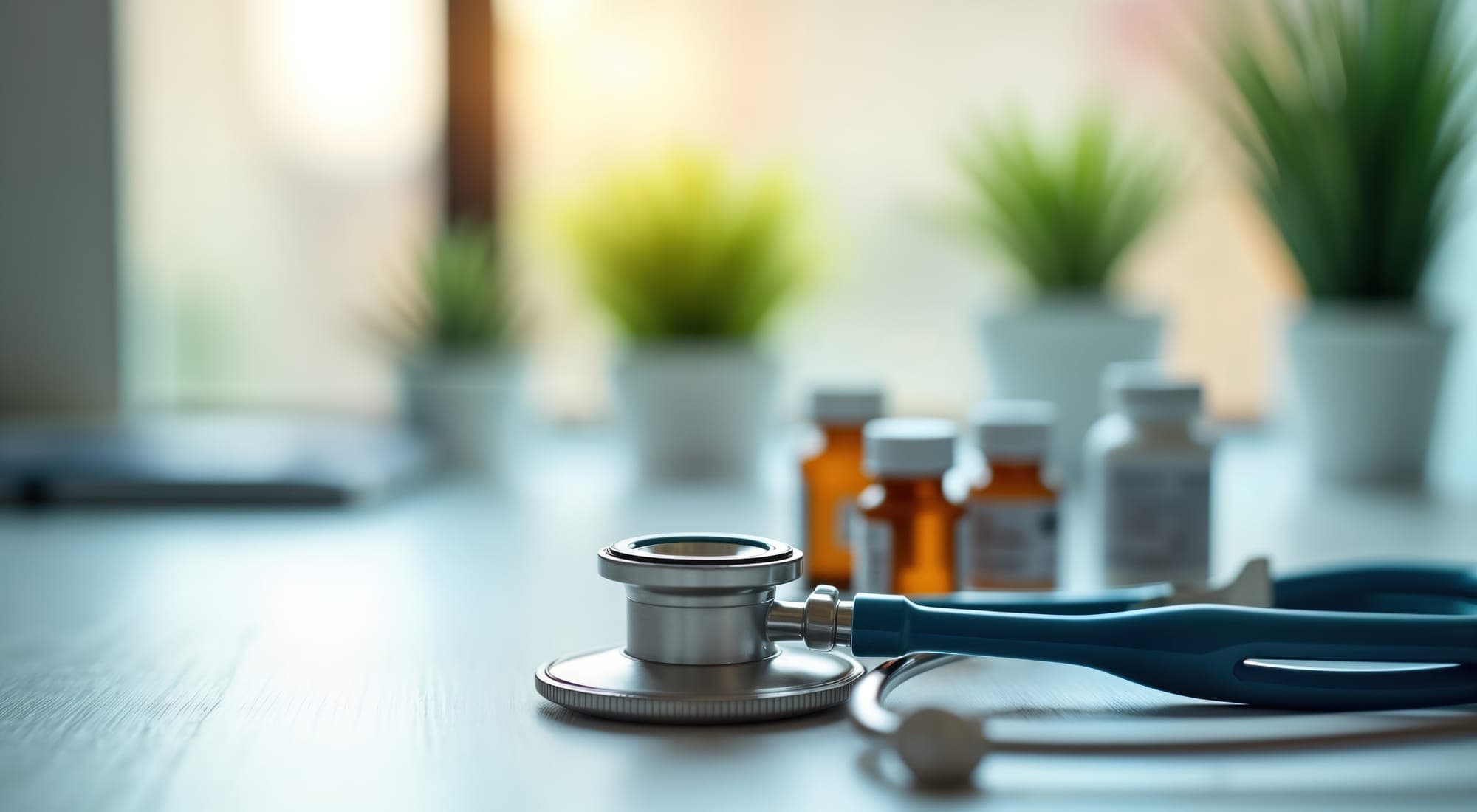 A stethoscope and medicine bottles on a pale desk, potted plants blurred against a bright window