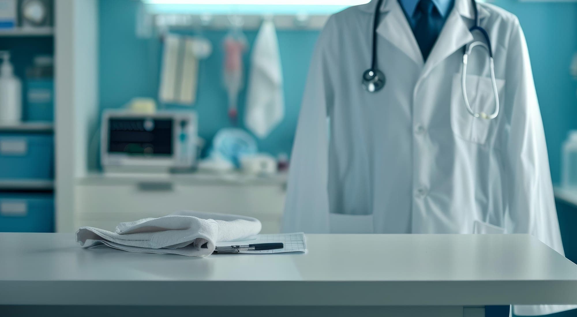 A white coat and stethoscope on a stand in an examination room lined with blue shelving