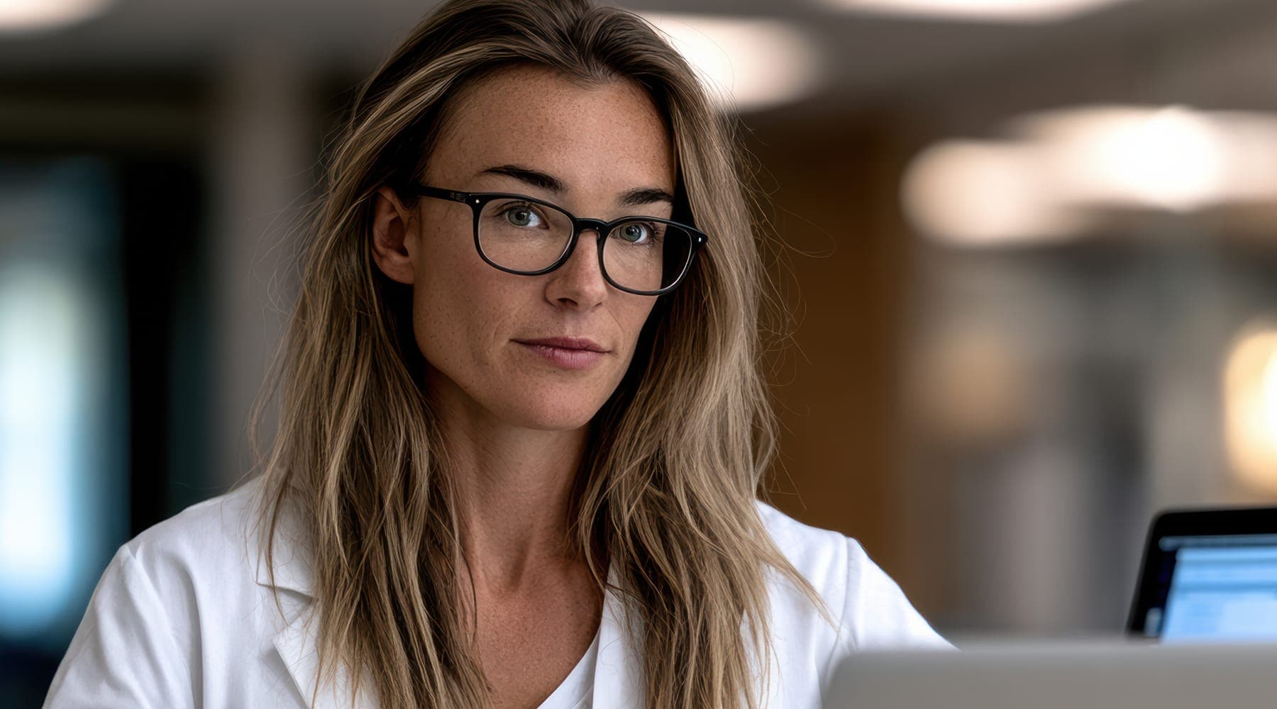 A woman in a white coat and glasses reviewing a printed page at a laptop