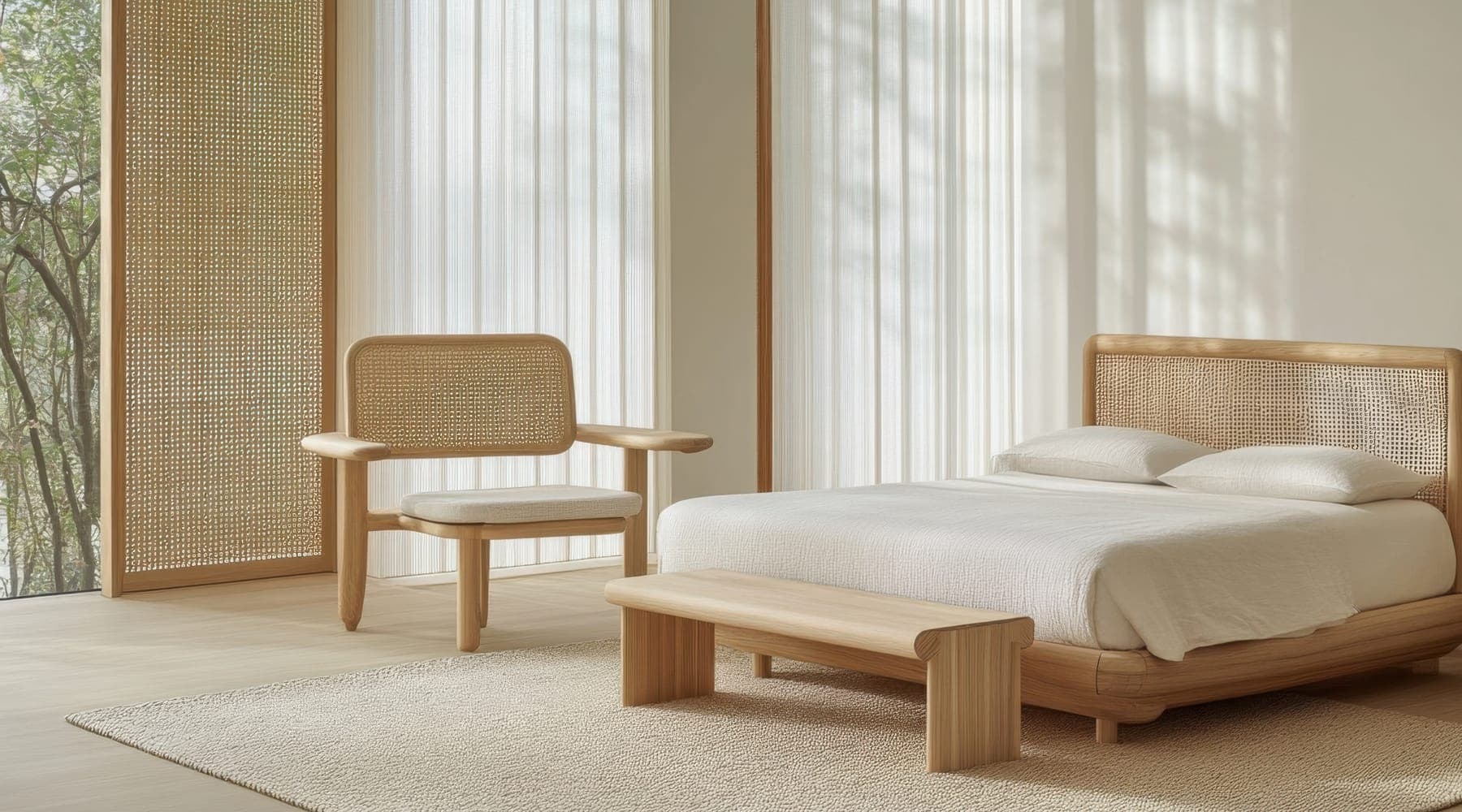 A daylit bedroom with a cane-backed bed, a low bench and an armchair, sheer curtains along the windows