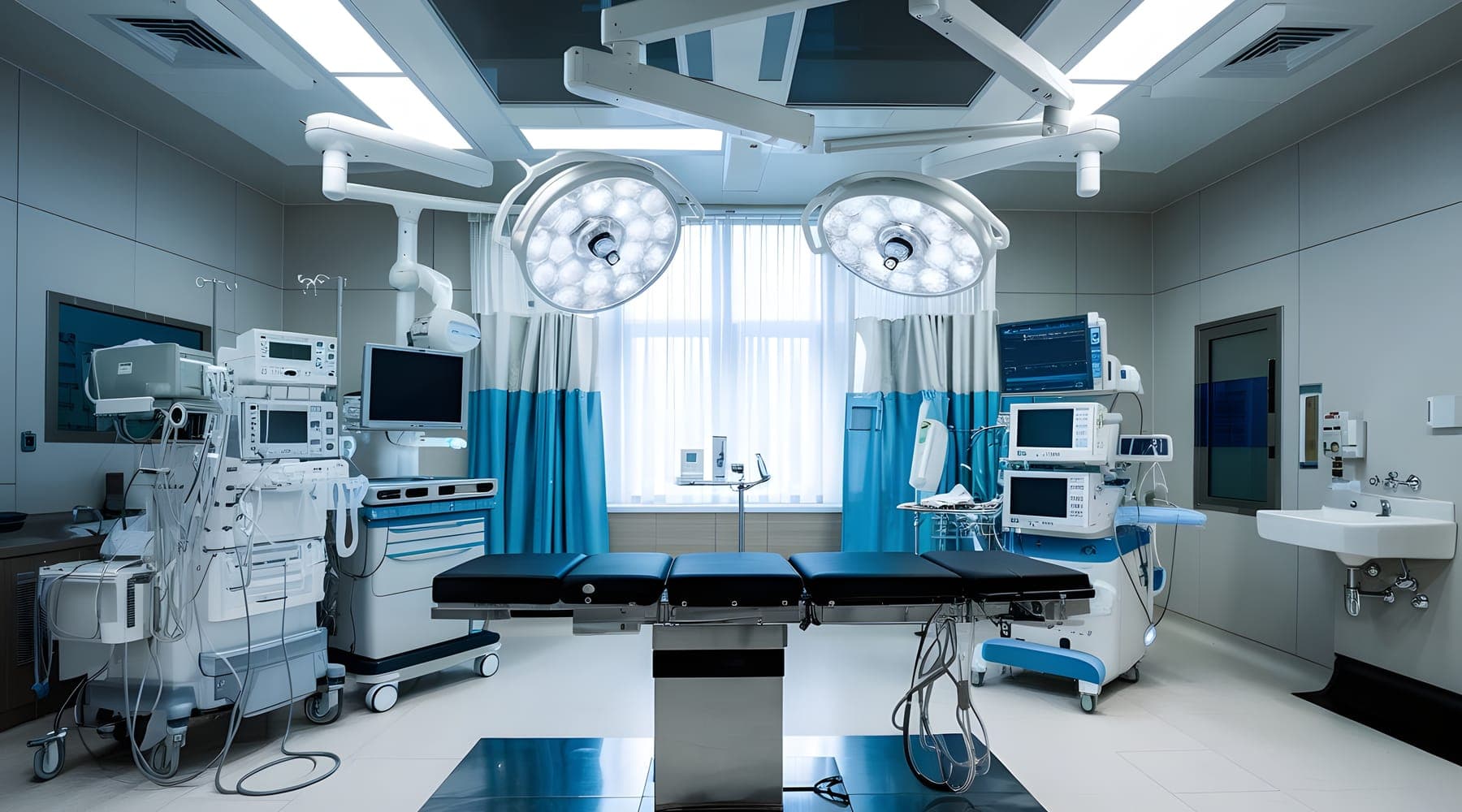 An empty operating room with a procedure table under two surgical lights, monitors and anesthesia equipment along the walls