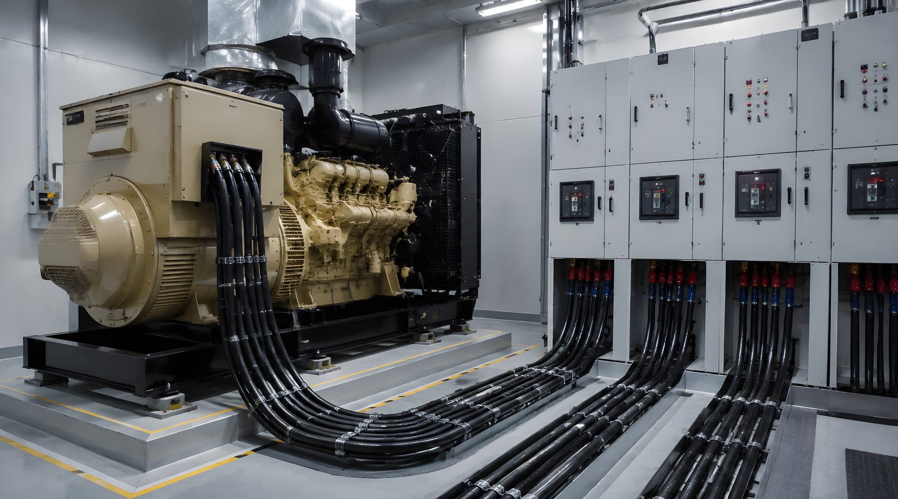 A standby generator set in a plant room, with heavy cables running across the floor to a row of switchgear cabinets