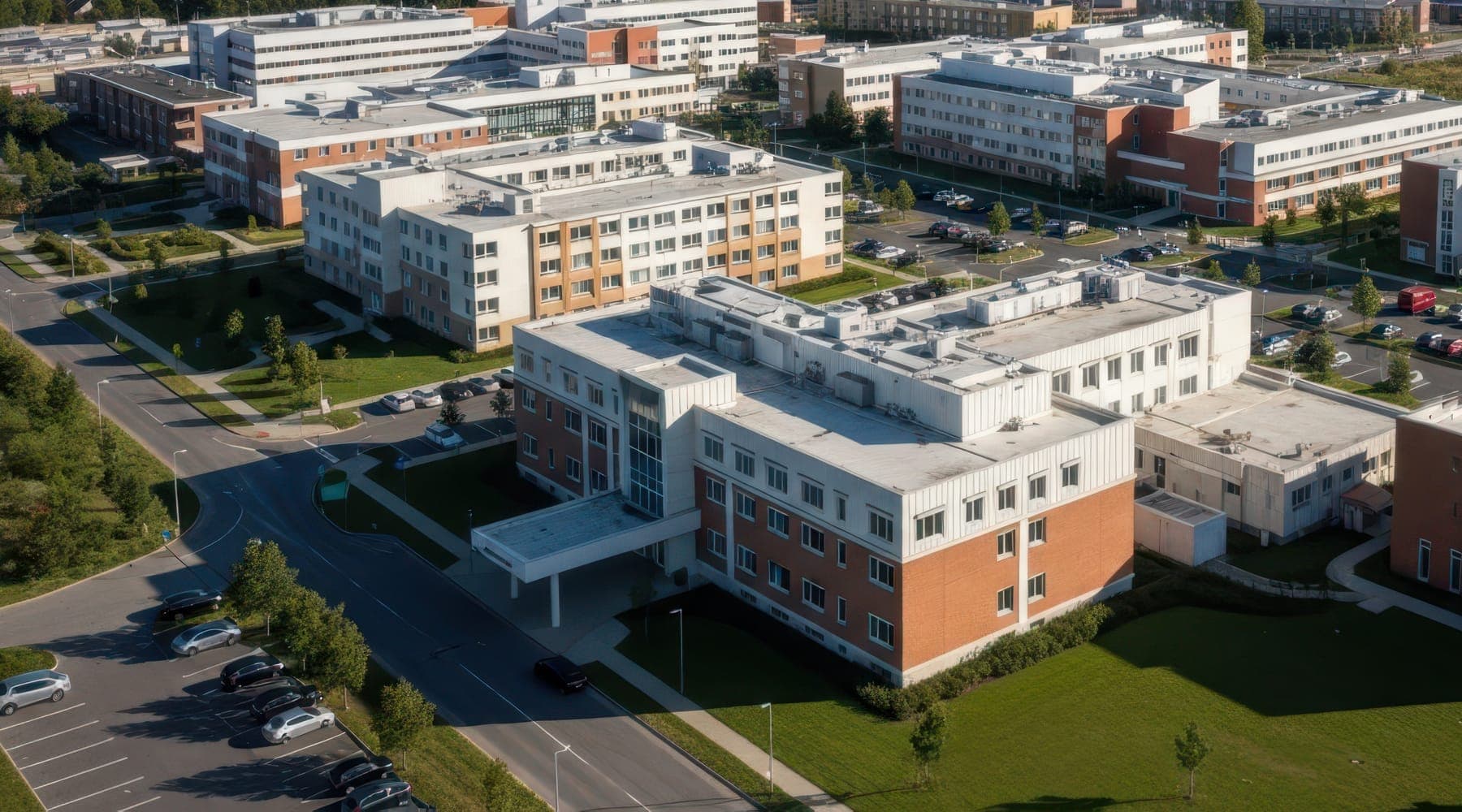 An aerial view of a large hospital campus of brick and white buildings, parking and green space