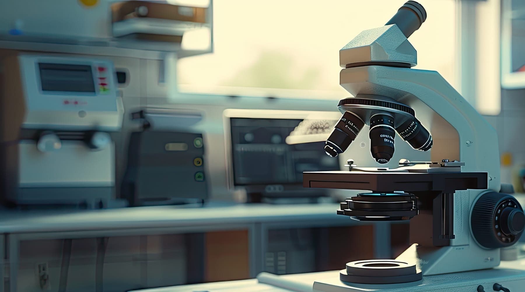 A microscope on a laboratory bench, with instruments and analysers out of focus behind it