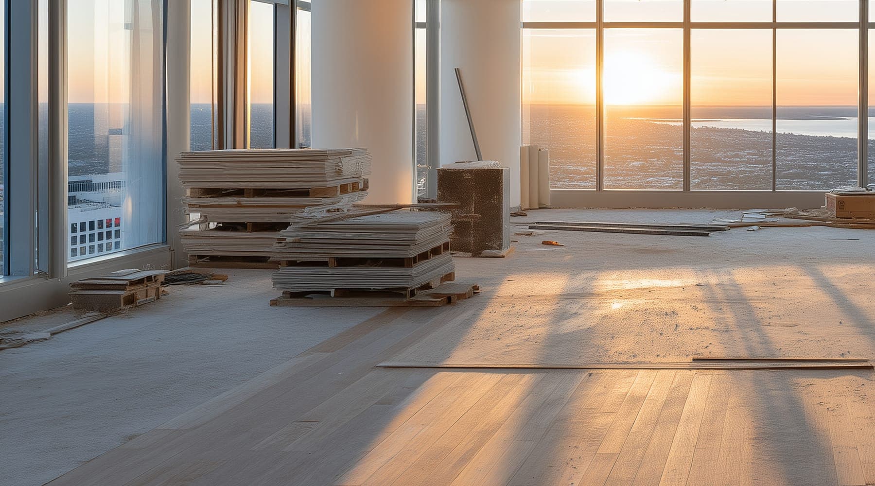 An open floor stripped for fit-out, with stacked boards on bare flooring and low sun through floor-to-ceiling windows