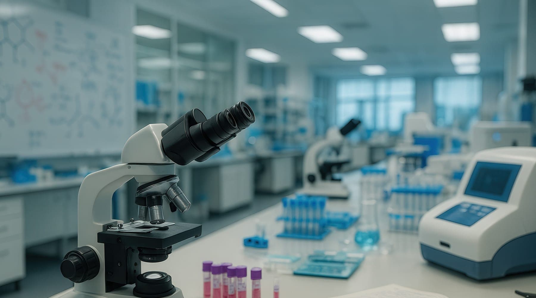 Open laboratory benches with microscopes, sample tubes and an analyser under bright ceiling lights