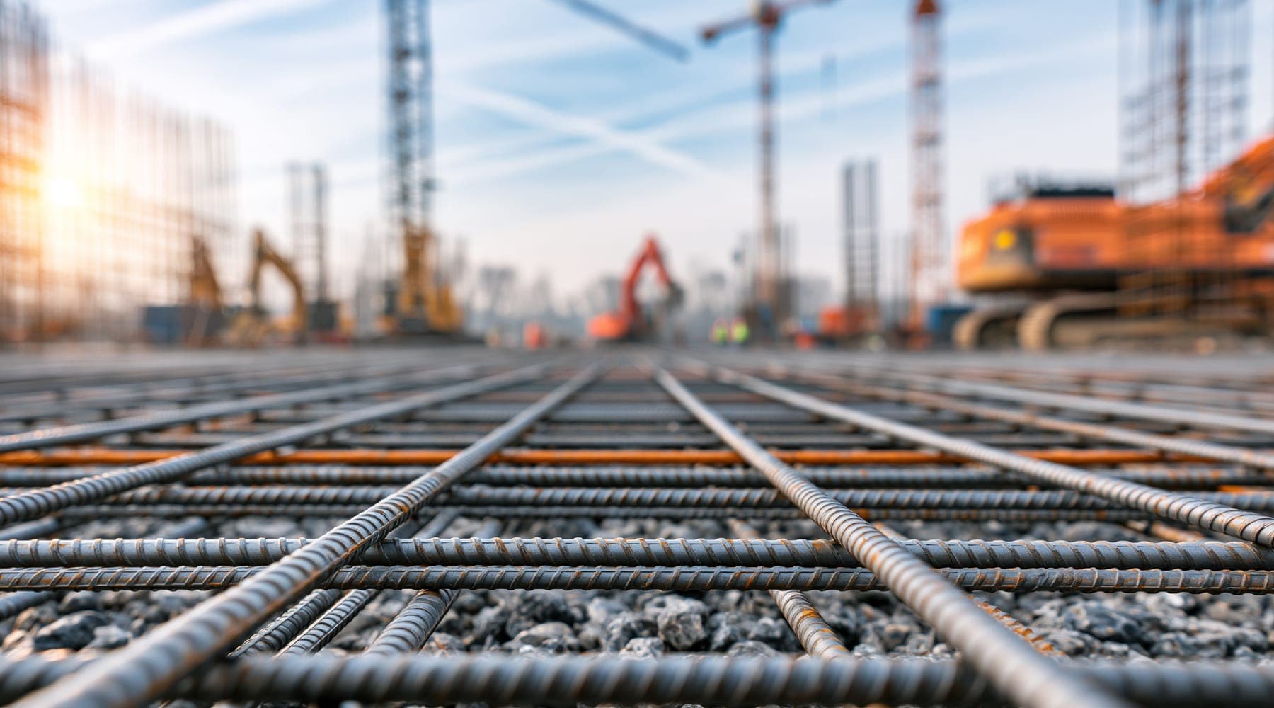 A mat of steel reinforcing bars on gravel in the foreground, with tower cranes and excavators blurred behind
