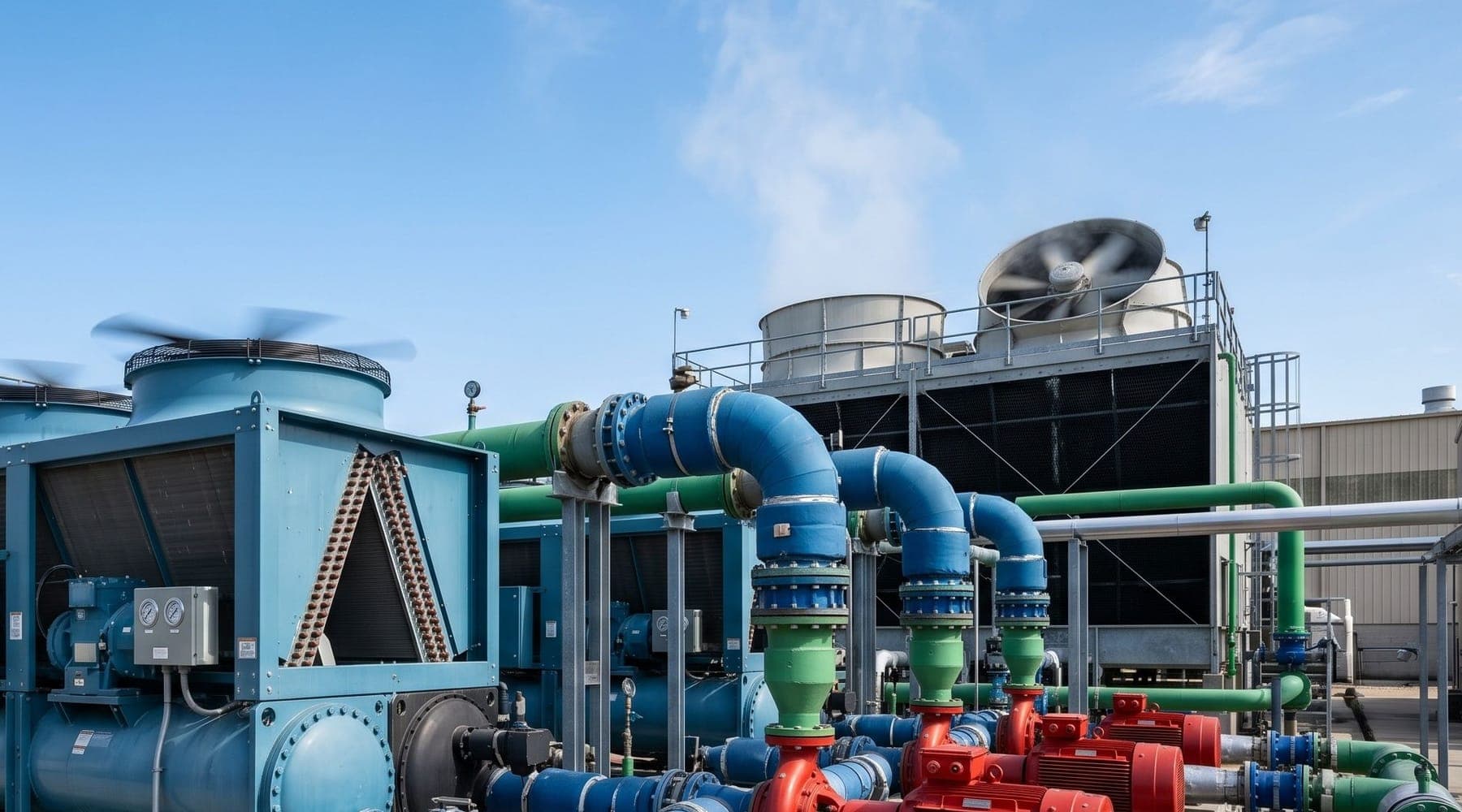 Rooftop chillers, a cooling tower and red pumps joined by blue and green pipework under a clear sky