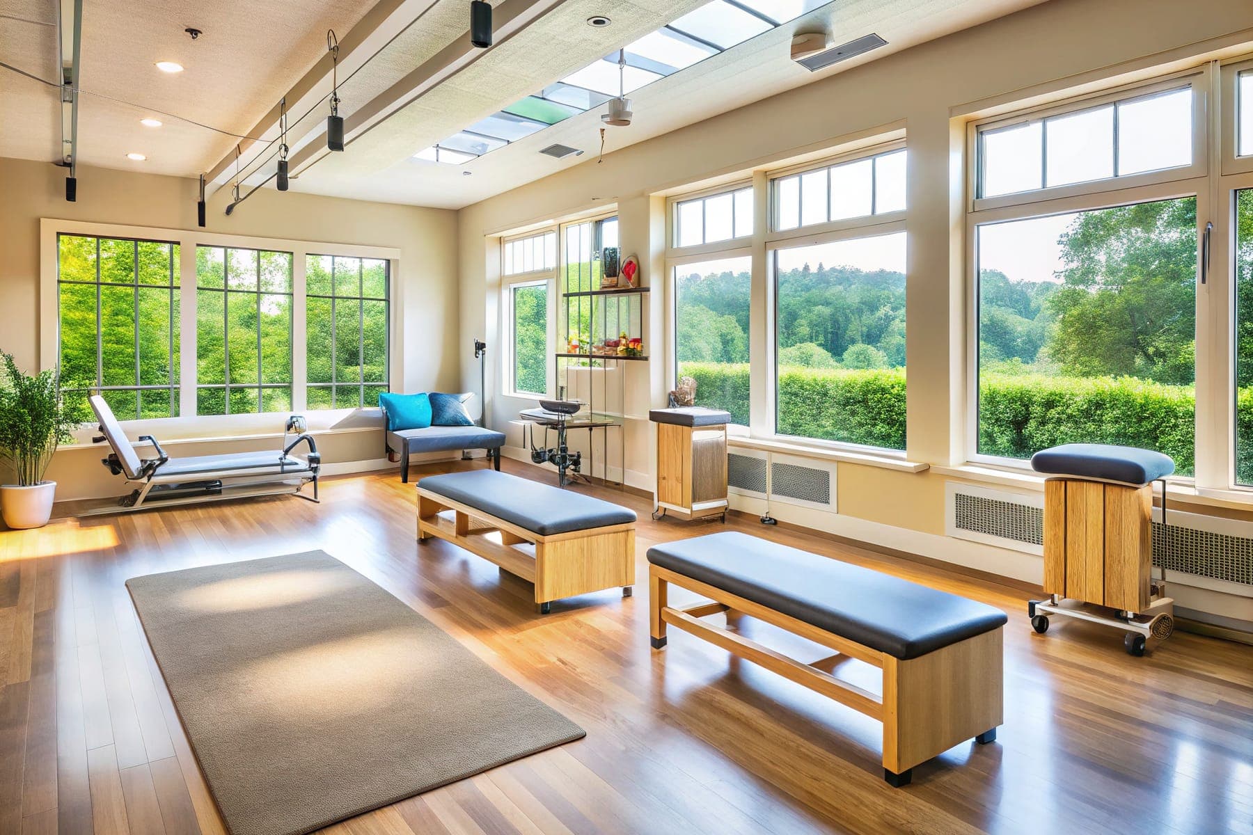 A daylit therapy room with padded benches, an exercise mat and tall windows facing trees