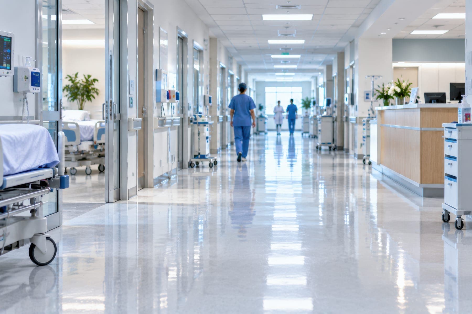 A long, bright hospital corridor with patient beds, monitors and a staff station, clinicians walking in the distance