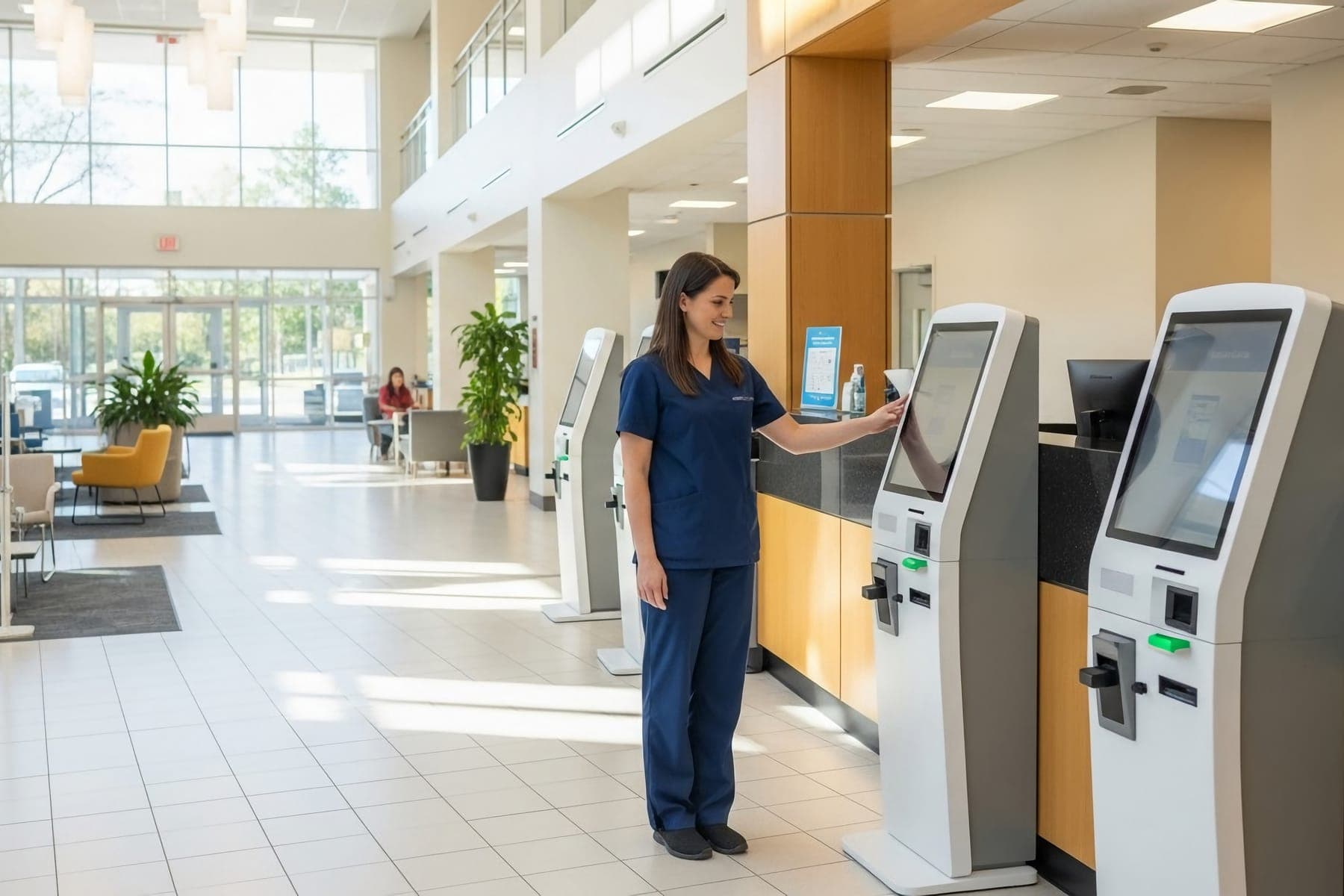 A clinic staff member using a self-service check-in kiosk in a daylit outpatient lobby