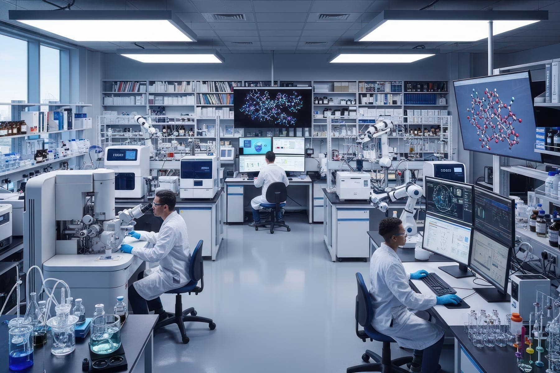 A research laboratory with scientists at microscopes and workstations, robotic arms and shelves of reagents