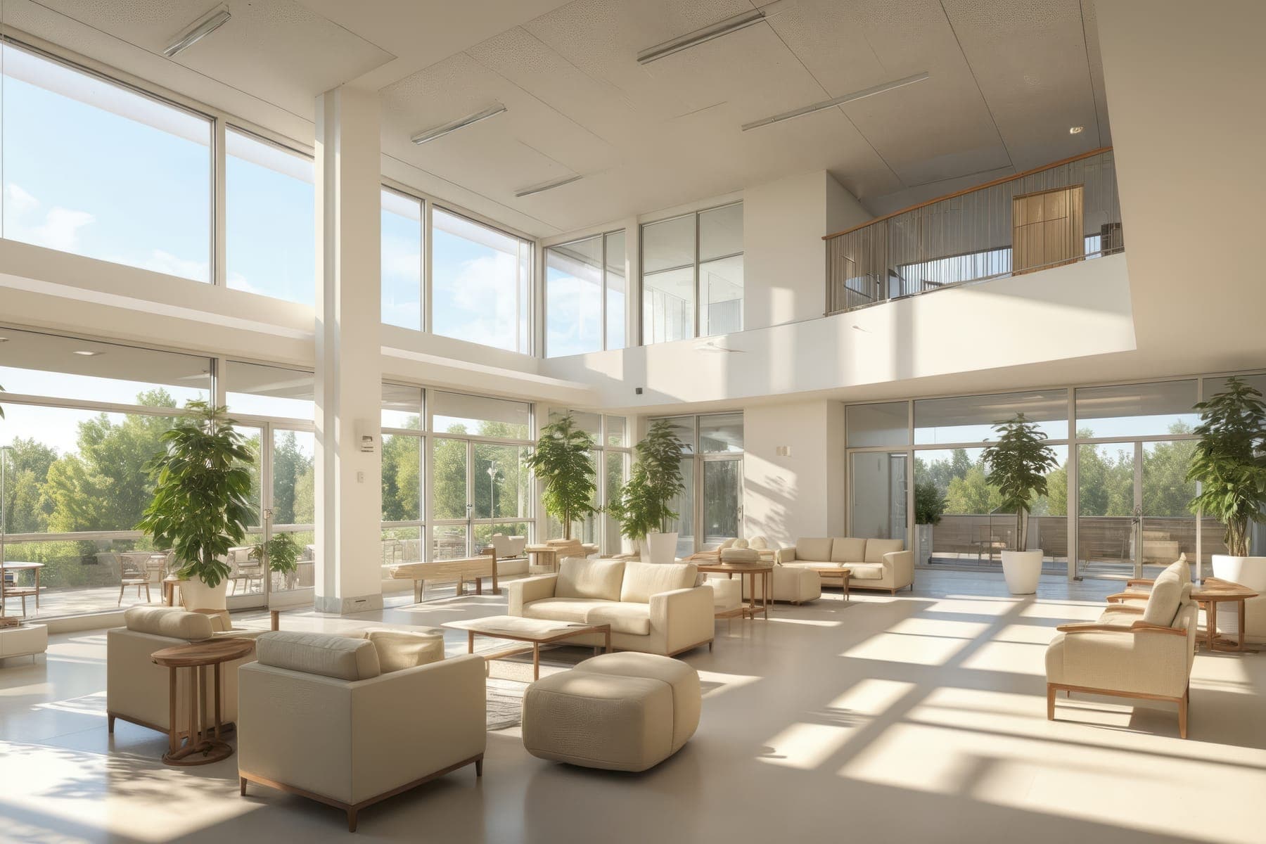 A sunlit double-height lounge with armchairs, sofas and potted trees beside floor-to-ceiling windows