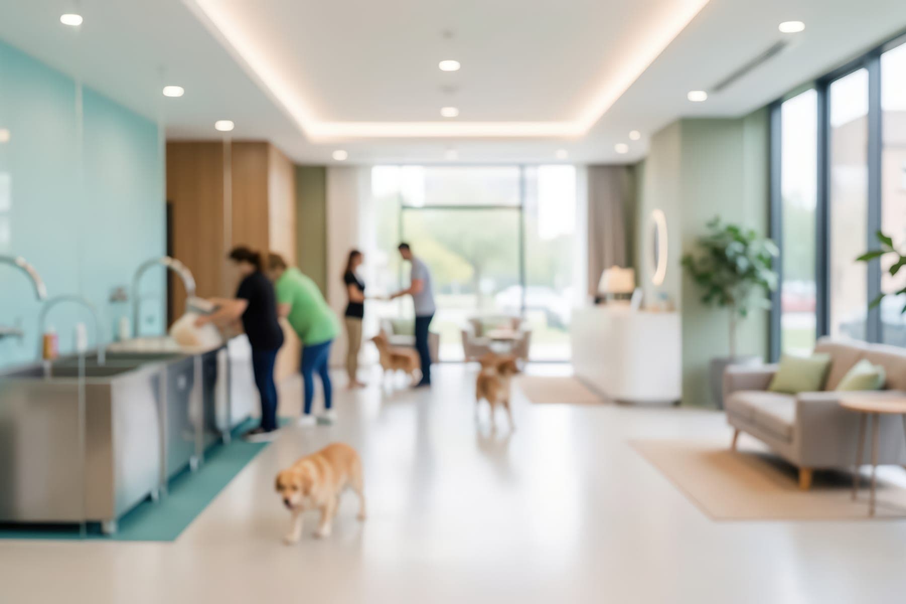 A bright veterinary waiting area with a grooming station, lounge seating and dogs with their owners, softly out of focus